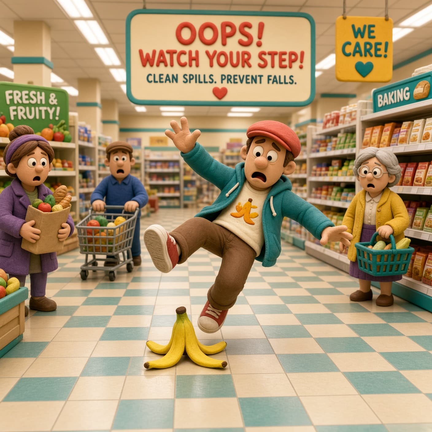 A stylized 3D clay-style man in a blue cap slipping on a banana peel in a grocery aisle while other shoppers react
