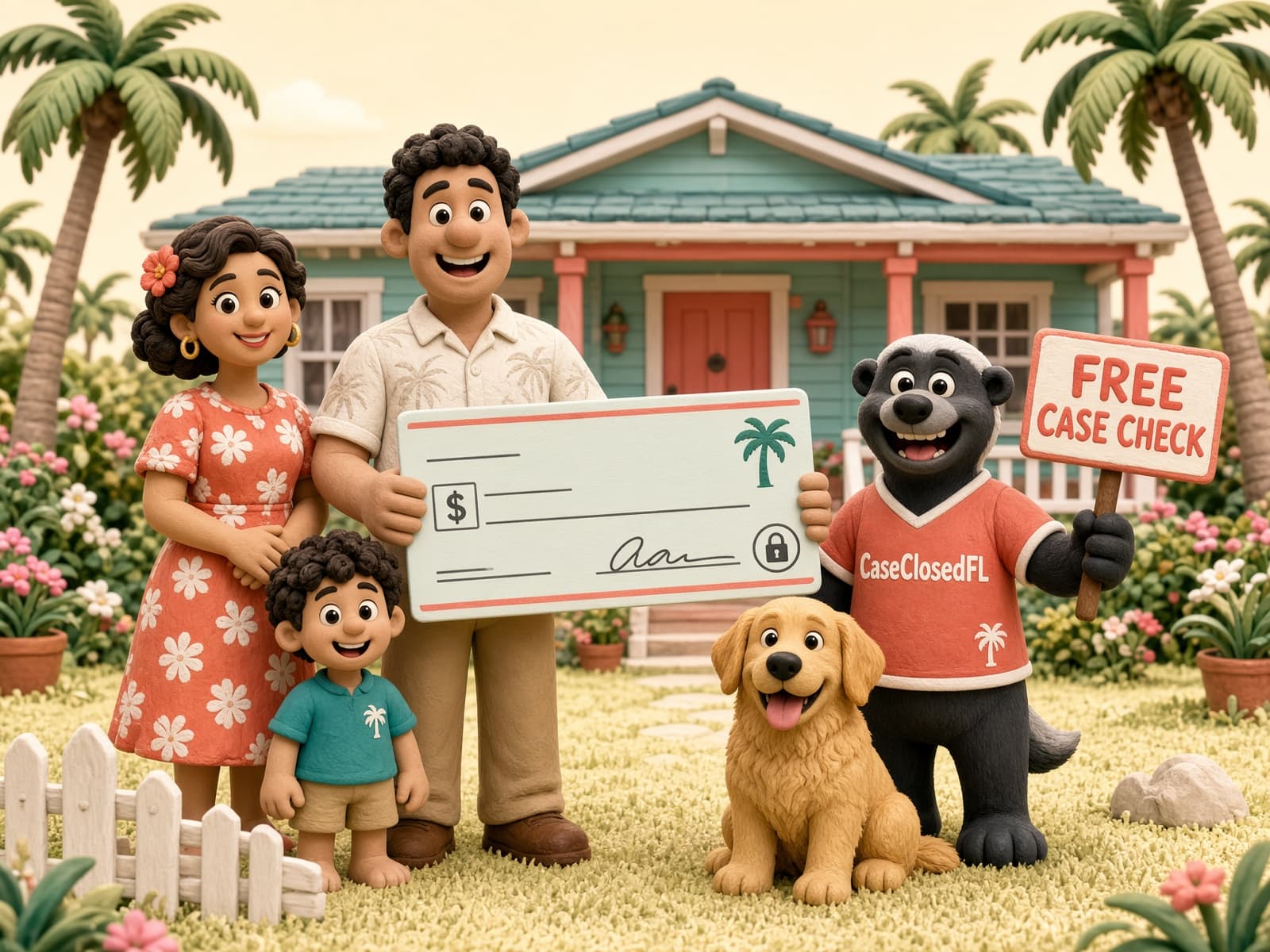 A stylized 3D clay-style family standing in front of their home holding a compensation check, with their golden retriever beside them